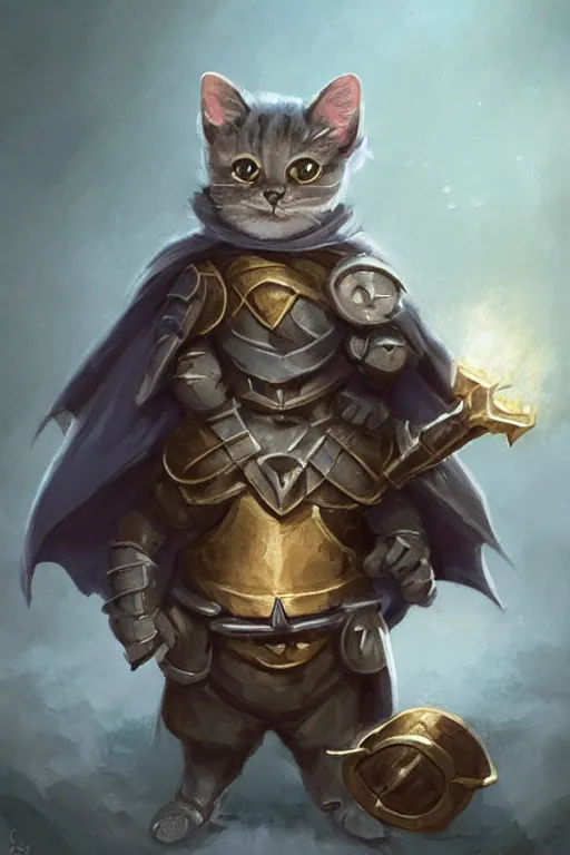 Image similar to cute little anthropomorphic cat knight wearing a cape and a crown, tiny, small, miniature cat , baby animal, short, pale blue armor, cute and adorable, pretty, beautiful, DnD character art portrait, matte fantasy painting, DeviantArt Artstation, by Jason Felix by Steve Argyle by Tyler Jacobson by Peter Mohrbacher, cinematic lighting