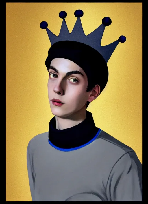 Image similar to portrait of teenage jughead jones wearing a light grey crown, crown, blue turtleneck, 1 9 5 0 s, closed eyes, photorealistic, black hair, glowing lighting, intricate, elegant, glowing lights, highly detailed, digital painting, artstation, concept art, smooth, sharp focus, illustration, art by wlop, mars ravelo and greg rutkowski