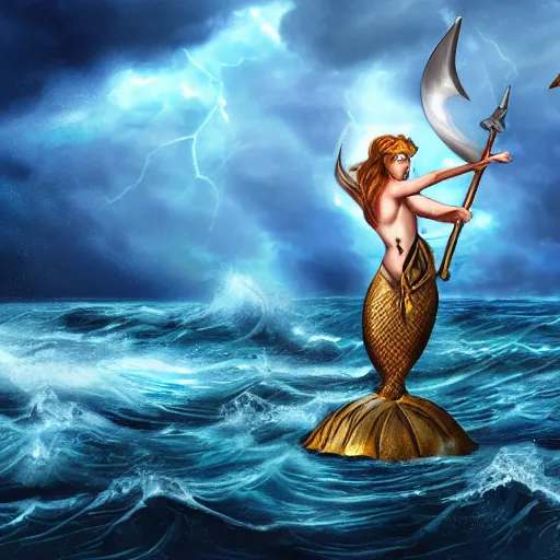 Image similar to A mythical mermaid warrior wielding her sword and shield in the middle of the ocean with a storm in the background, with a blue atmosphere