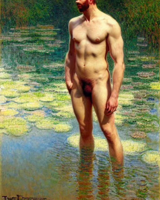 Prompt: handsome philospher wading through a river, reflective water,!!! pants!!! painting by tom of finland, gaston bussiere, craig mullins, j. c. leyendecker, claude monet