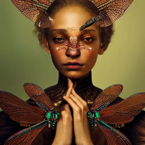 Image similar to brown woman wearing a shiny dragonfly armor. iridiscent. super detailed. layered. textured. award winning. dispersion of light. refracted lighting. soft. fragile. by ray caesar. by louise dahl - wolfe. by andrea kowch. surreal photoraphy. photorealistic