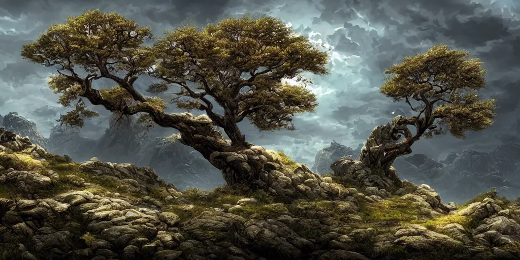 Prompt: rocky landscape of leaned keeled over toppled windswept windswept windswept trees, no visible soil, high quality fantasy art, 4k