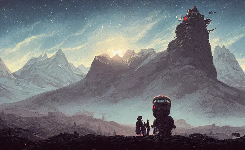 Prompt: mountains, stars and paisley filled sky, artstation, intricate, highly detailed, digital painting, concept art, sharp focus, illustration by Enki Bilal and Simon Stalenhag