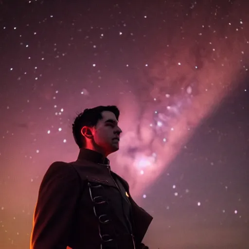 Prompt: Jason Rose as General Ironwood from RWBY, vintage, back to the camera, looking up, night sky