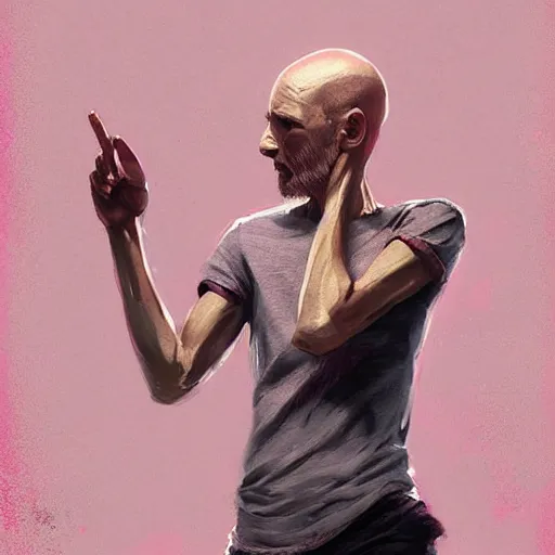 Image similar to bald skinny man in a pink t - shirt and pink pants, digital art, by greg rutkowski