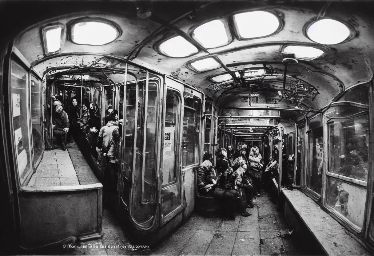 Prompt: a photo of a busy subway wagon, there is a huge monster octopus on the interior, tentcles creeping in thrugh the windows and gaps, people are scared and screaming while trying to flee through the windows, 1 6 mm lens,