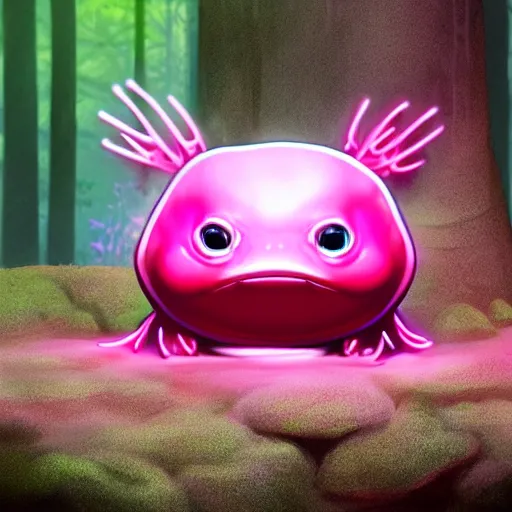 Prompt: neon pink axolotl with cute round face sitting a bucket in the forest, award winning art, trending on artstation, digital art, painting, matte painting, hyper realistic, realism, photography, unreal engine 5, video game