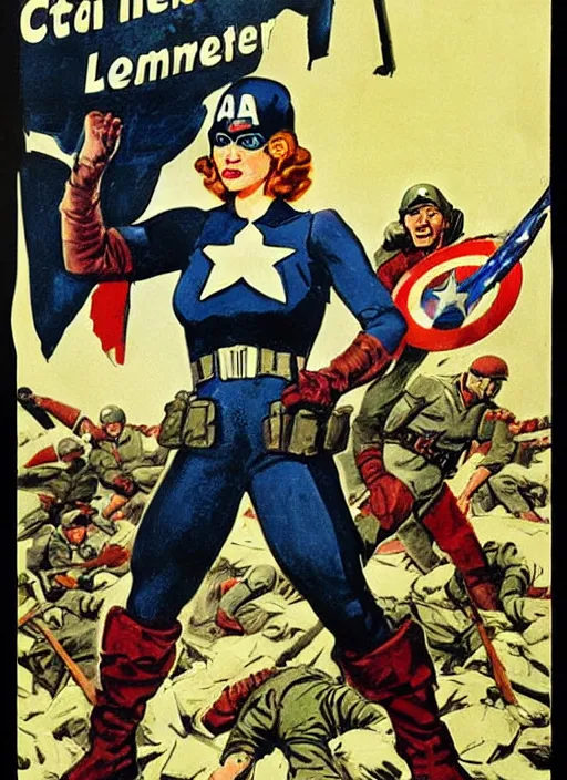 Image similar to female captain america standing on a pile of defeated german soldiers. wwii american propaganda poster by james gurney