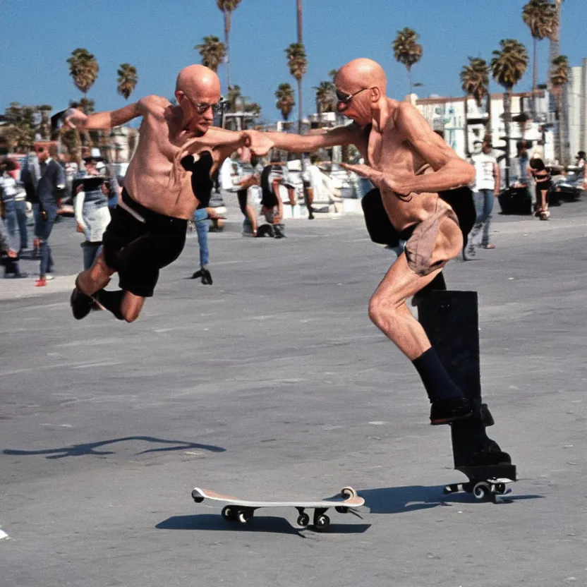 Image similar to Michel Foucault skateboarding at Venice Beach, 1980 street photography color