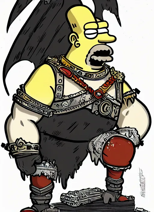 Image similar to painted white Homer Simpson:: depicted as Kratos God of War, Matt Groening art, high detailed official artwork