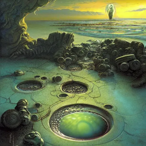 Image similar to Life in an Alien Tide Pool on an Exoplanet, art by Jim Burns and Donato Giancola