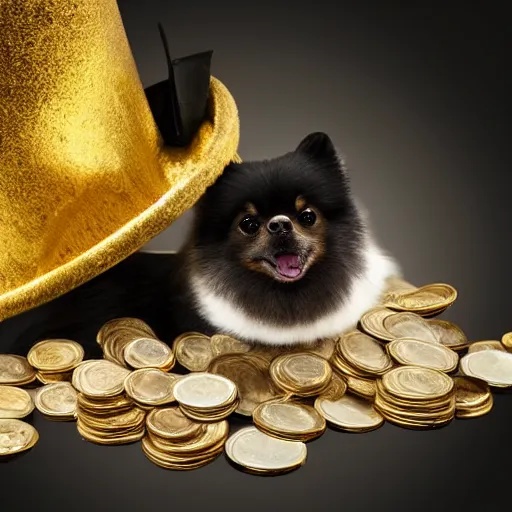 Image similar to A pomeranian wearing a top-hat and a monocle over its left eye, sitting on a pile of gold coins