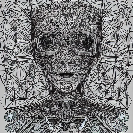 Prompt: Geometrically surreal Robot extremely high detail, photorealistic, intricate line drawings, dotart, album art in the style of James Jean