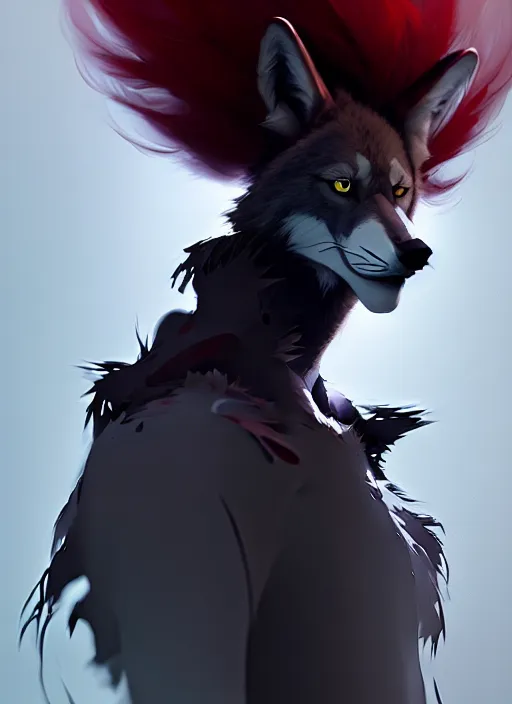 Image similar to award winning portrait of a male anthropomorphic dark gray wolf red hair. character design by cory loftis, fenghua zhong, ryohei hase, ismail inceoglu and ruan jia. artstation, artistic lighting, highly detailed, photorealistic, fantasy