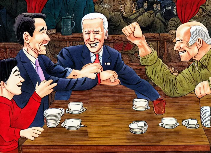 Prompt: joe biden arm wrestling xi jinping in a bar in china illustration by mike ploog