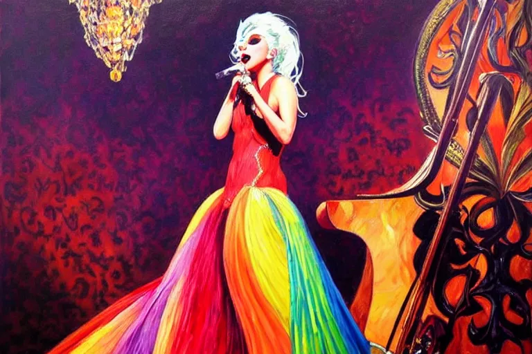 Image similar to highly detailed oil painting of lady gaga singing, colorful dress, very realistic, art nouveau, dramatic light,