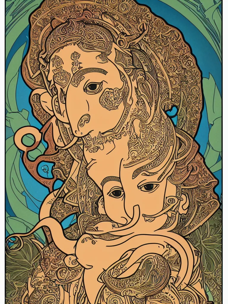 Image similar to portrait of ganesha art by alphonse mucha sticker, colorful, illustration, highly detailed, art nouveau, simple, smooth and clean vector curves, no jagged lines, vector art, smooth