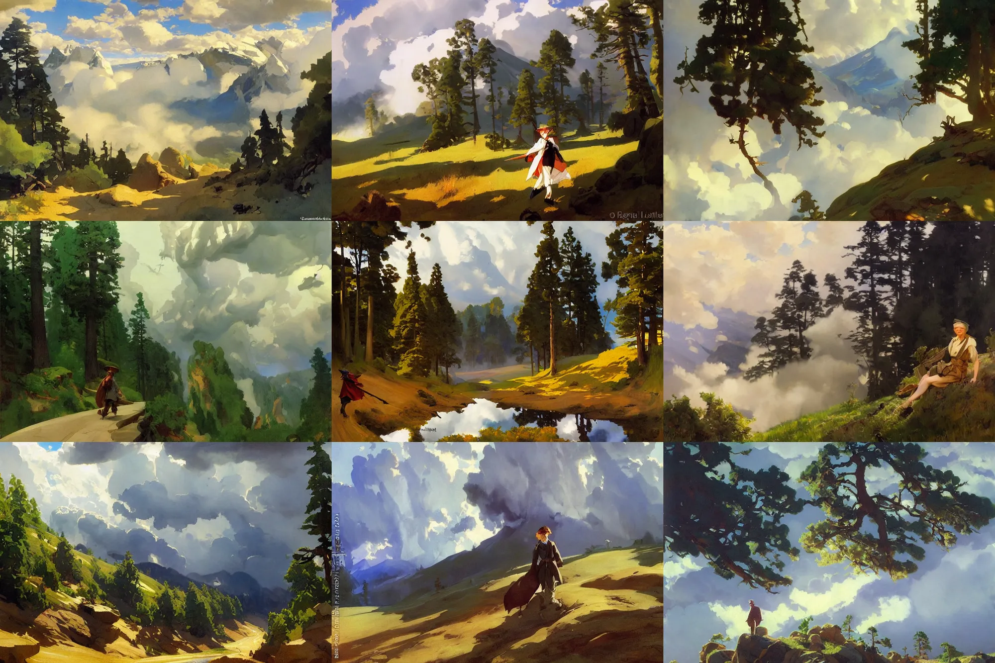 Prompt: painting by sargent and leyendecker and greg hildebrandt savrasov levitan polenov, studio ghibly style mononoke, middle earth above the layered low clouds road between forests trees river lakes stones overcast storm masterpiece