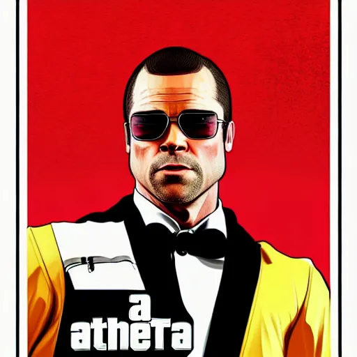 Prompt: gta 5, grand theft auto 5 cover art portrait of brad pitt art style stephen bliss