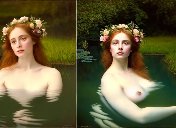 Image similar to Kodak Portra 400, 8K, soft light, volumetric lighting, highly detailed, britt marling style 3/4 ,portrait photo of a beautiful woman how pre-Raphaelites painter, the face emerges from the water of a pond with water lilies, in the pose of Ophelia Millais, a beautiful lace dress and hair are intricate with highly detailed realistic beautiful flowers , Realistic, Refined, Highly Detailed, natural outdoor soft pastel lighting colors scheme, outdoor fine art photography, Hyper realistic, photo realistic