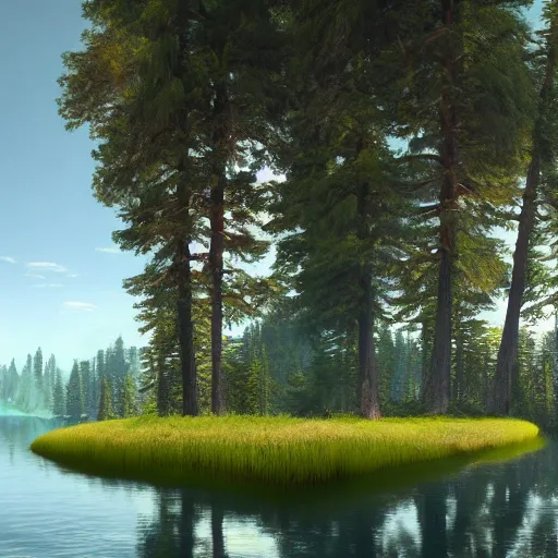 Prompt: a painting of a landscape with trees and a body of water, a detailed matte painting by Stanley Twardowicz, featured on polycount, ecological art, rendered in unreal engine, matte painting, unreal engine 5