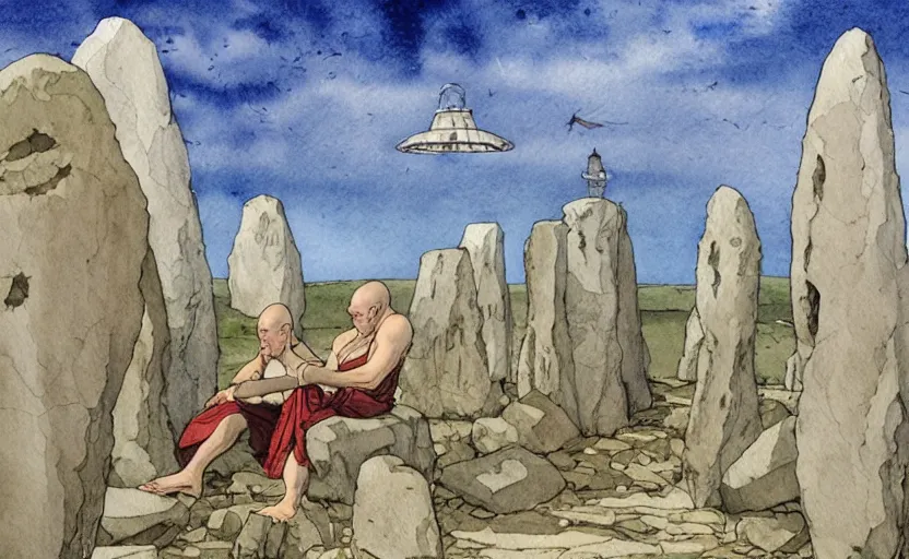 Image similar to a hyperrealist watercolor fantasy concept art of giant monk with a long forehead in grey robes sitting in stonehenge. several large stones are floating in the air. in the background a ufo is in the sky. by rebecca guay, michael kaluta, charles vess