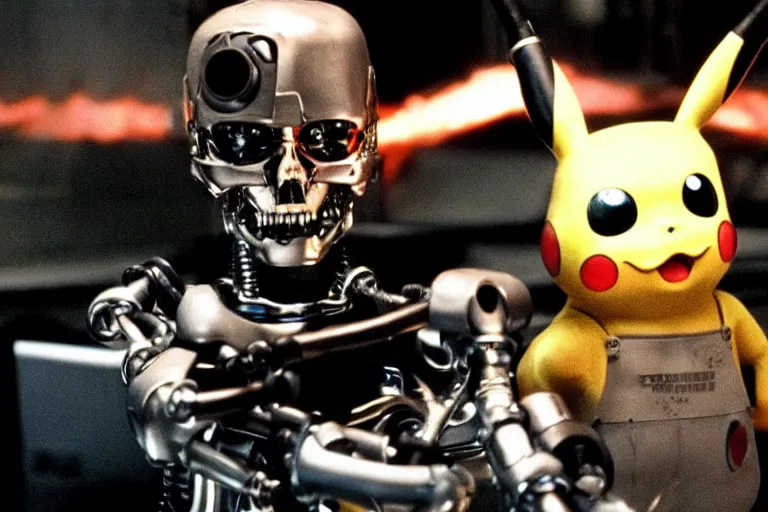 Image similar to Terminator Pikachu scene where his endoskeleton gets exposed still from the film