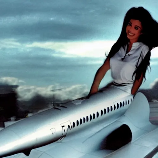 Prompt: a beautiful dark - haired girl riding a concorde