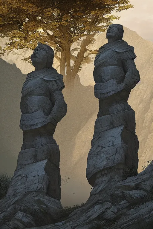 Prompt: Two guardian statues stand at the foot of a mountain canyon, by Greg Rutkowski, Realism, Photorealism, Global Illumination, Volumetric Lighting, Path Tracing, PBR