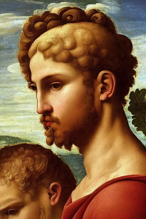 Image similar to renaissance painting of man, short blonde hair, thoughtful face, emotions closeup, dressed in roman armour, the beautiful garden with olive leaves, ultra detailed, art by Guido Reni style, Vincenzo Catena style