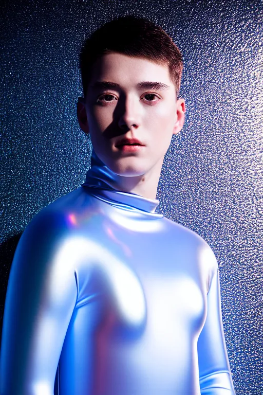 Image similar to un ultra high definition studio quality photographic art portrait of a young man standing on the rooftop of a british apartment building wearing soft baggy inflatable padded silver iridescent pearlescent clothing. three point light. extremely detailed. golden ratio, ray tracing, volumetric light, shallow depth of field. set dressed.