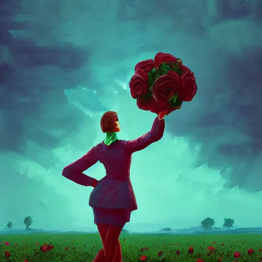 Image similar to portrait, giant rose flower head, girl dancing in a suit, surreal photography, sunrise, blue sky, dramatic light, impressionist painting, digital painting, artstation, simon stalenhag