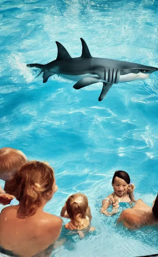 Image similar to a family swimming pool at a spa, in the water is a shark trying to attack the people