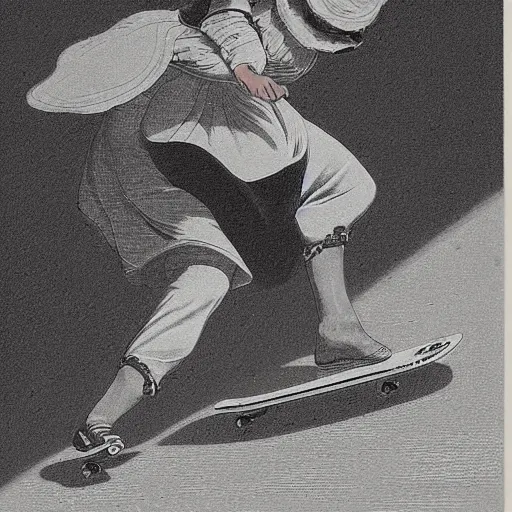 Prompt: lady skateboarding, high detail, 1 9 th century illustration by uijung kim