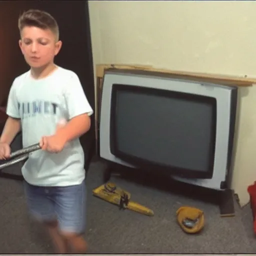 Image similar to kid smashing a tv with a hammer