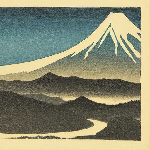 Prompt: Fujiyama, mountain range, valley with villages, small clouds in the sky, woodblock print, by Hiroshi Yoshida