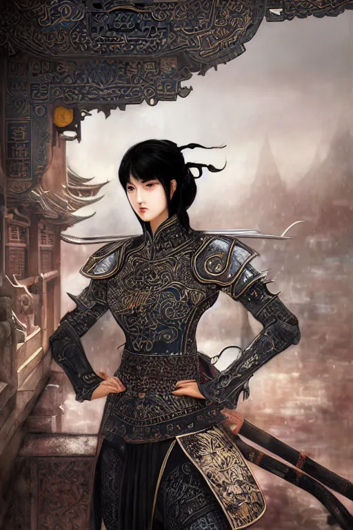 Prompt: portrait black hair young knights of Dynasty Warriors girl, matt white mirror armor, in ruin chinese temple rooftop heavily rain sunrise, ssci-fi and fantasy, intricate and very beautiful and elegant, highly detailed, digital painting, soft light, artstation, concept art, smooth and sharp focus, illustration, art by tian zi and WLOP and alphonse mucha