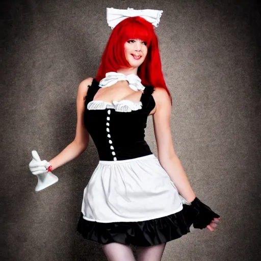 Prompt: red haired female dressed in a French maid outfit