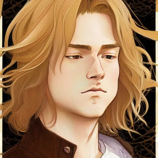 Image similar to young man with shoulder length shiny shimmering golden blond hair, path traced, highly detailed, high quality, digital painting, by studio ghibli and alphonse mucha, leesha hannigan, beautiful details, soft and warm