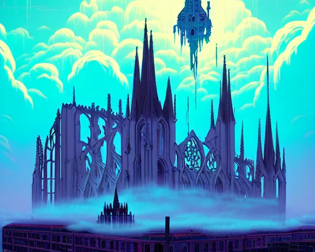 Prompt: a ruined gothic cathedral floating above the clouds dan mumford and josan gonzalez and simon stalenhag, cyberpunk, vibrant, neon signs, high contrast, light blue sky