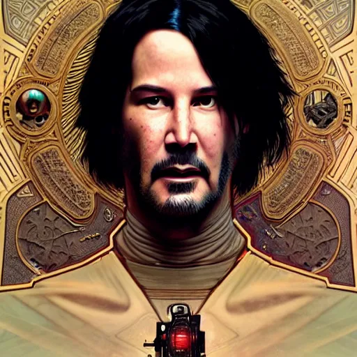 Prompt: full portrait of cyberpunk keanu reeves, sci - fi, d & d, intricate, detailed, by by alphonse mucha, adolfo hohenstein, alice russell glenny, stanley artgerm lau, greg rutkowski, detailed, trending on artstation, trending on artstation, smooth