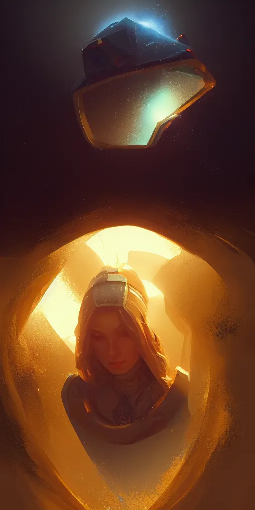 Image similar to highly detailed portrait of a semicircular bounded space surrounded by golden and blue magic powder, ultra wide angle, finer details : 3, by ian fisher and greg rutkowski, trending on artstation.