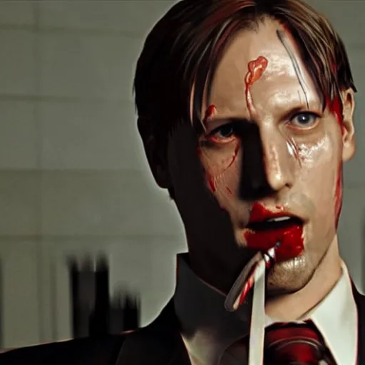 Image similar to Leon Kennedy from Resident Evil as The American Psycho, sweating intensely, cinematic still