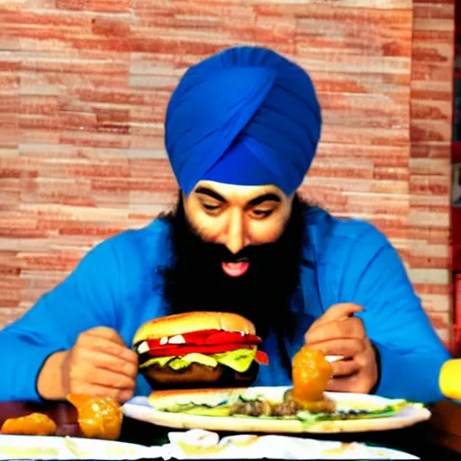 Image similar to sikh eating burger, still from dragon ball z