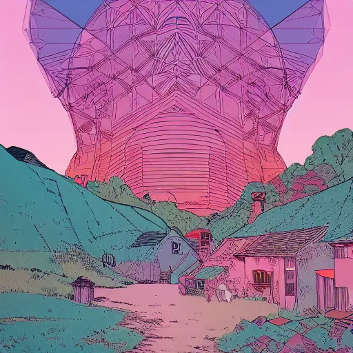 Image similar to polygon, ligne claire art of a sparse village intertwined with nature, by Moebius, bright colors, Eisner award-winning spread