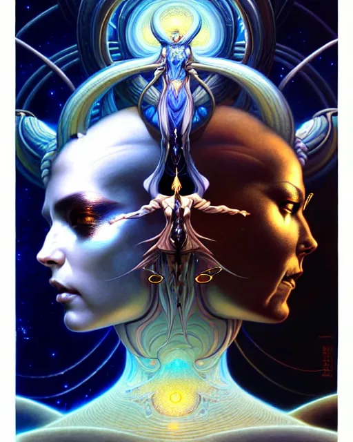 Image similar to a portrait of gemini light and dark fantasy character portrait made of fractals facing each other, ultra realistic, wide angle, intricate details, the fifth element artifacts, highly detailed by peter mohrbacher, hajime sorayama, wayne barlowe, boris vallejo, aaron horkey, gaston bussiere, craig mullins