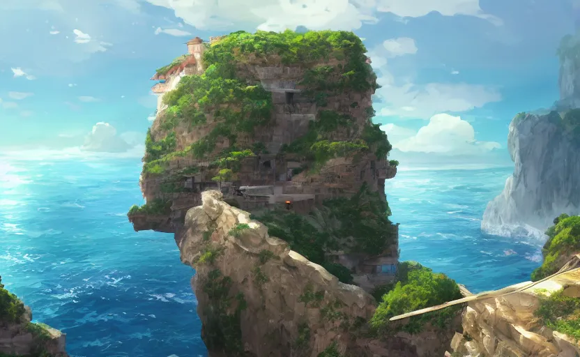 Image similar to one big house on a cliff over an ocean, one small boat, dangerous cliffside, cliffs, trees. matte painting, Makoto Shinkai, anime, trending on ArtStation, digital art.