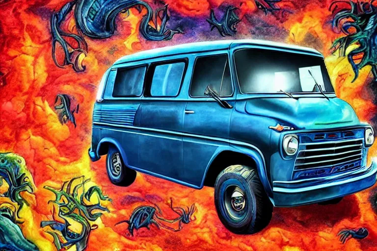 Image similar to a photo of a dark blue metallic 1 9 7 2 chevy g 1 0 panel van with an awesome airbrushed scene of a monster made of colorful coral reef emerging from the sea, 8 0 s synthwave, airbrushed, trapper keeper, lightning, explosions, creature design, monster, dinosaur