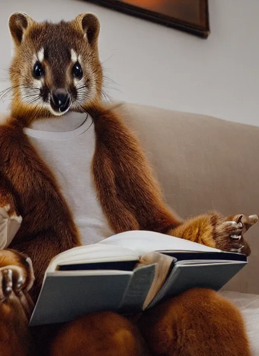 Image similar to A beautiful scene from a 2022 Marvel film featuring a humanoid pine marten in loose clothing reading on a couch. An anthropomorphic pine marten wearing a white shirt. Golden hour.