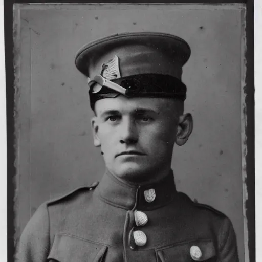 Prompt: World War 1 soldier with shellshocked expression, portrait, black and white photography